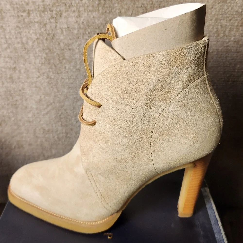 Ralph Lauren Ankle Boots Womens 8 Tan Suede Lace Up High Heel Chukka Booties